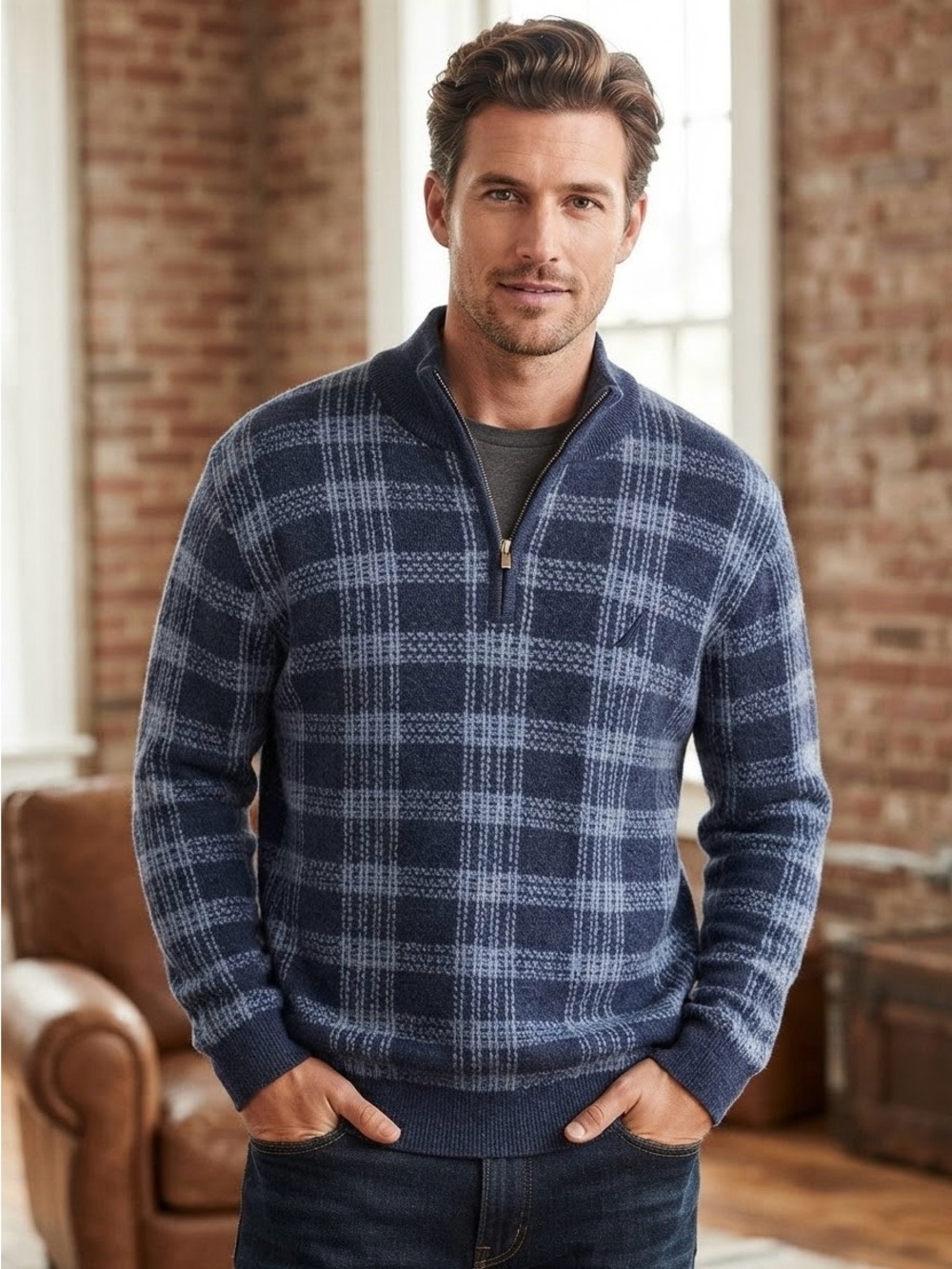 Nautica Navy and Light Blue Plaid Zip-Up Sweater